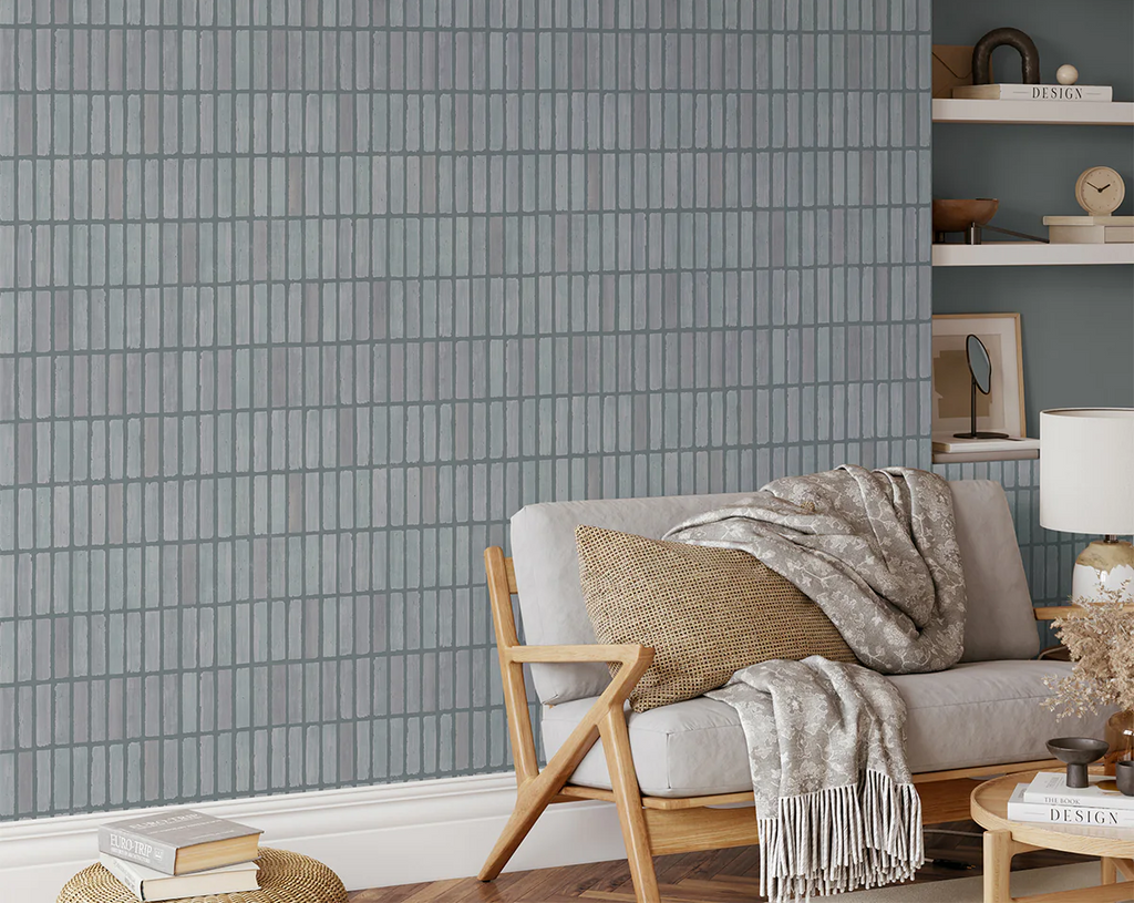 Chromatic Brush Strokes, Pattern Wallpaper in Blue in Living Room