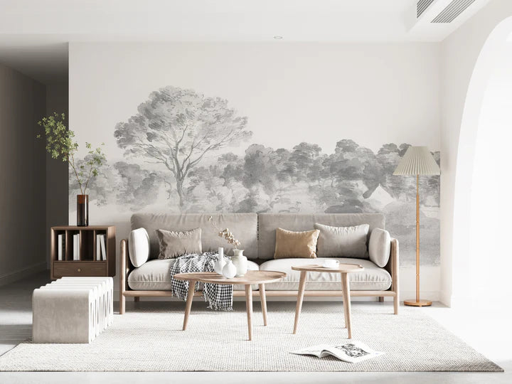 An Old World Arboretum, Watercolour Mural Wallpaper featured on the wall of a cozy living area