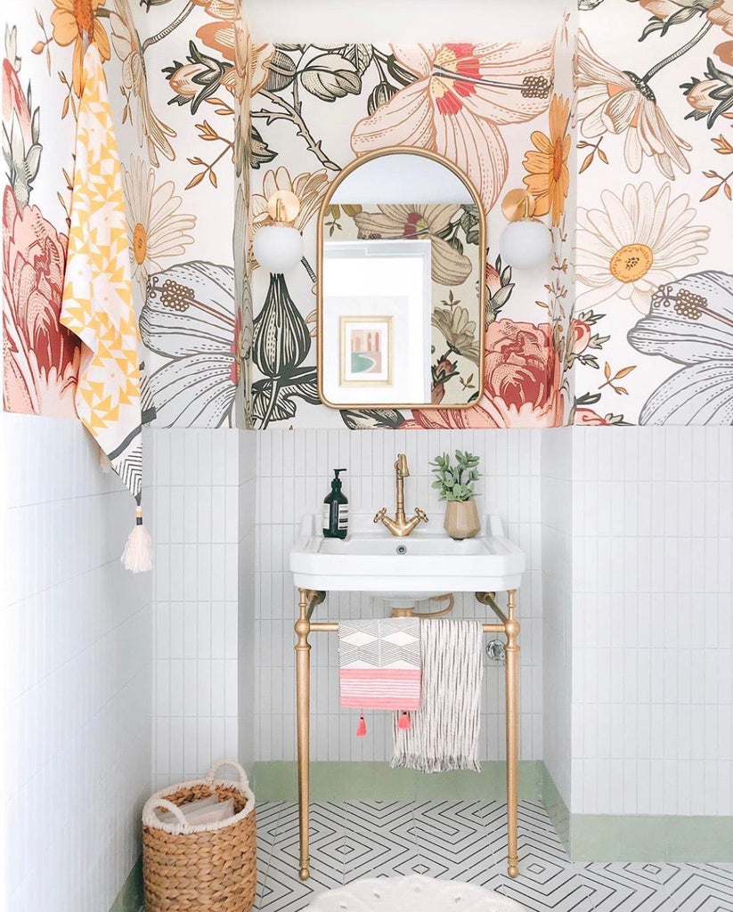 Adora Vintage Floral Wallpaper applied onto the walls of a powder room.