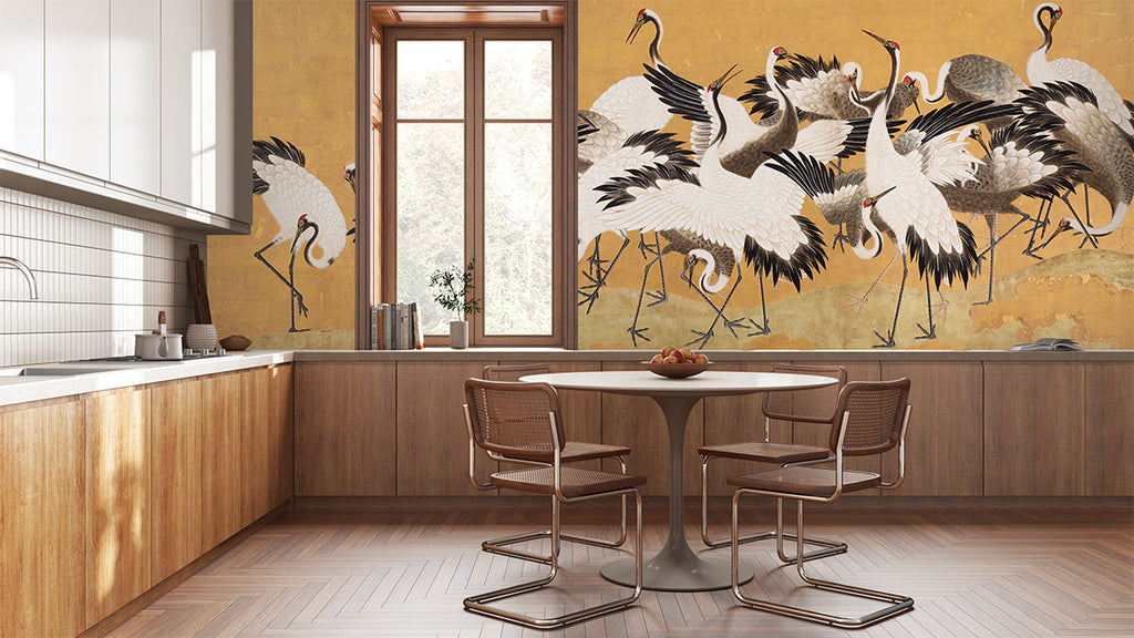 Crane Birds, Animal Mural Wallpaper in office with wood furniture and pantry