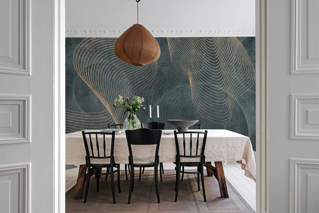 Affluence, Sapphire Faux Texture Wallpaper featured on a wall of a dining area with a long dining table in white cloth on top, candle lights, and kitchenwares, black chairs can also be seen