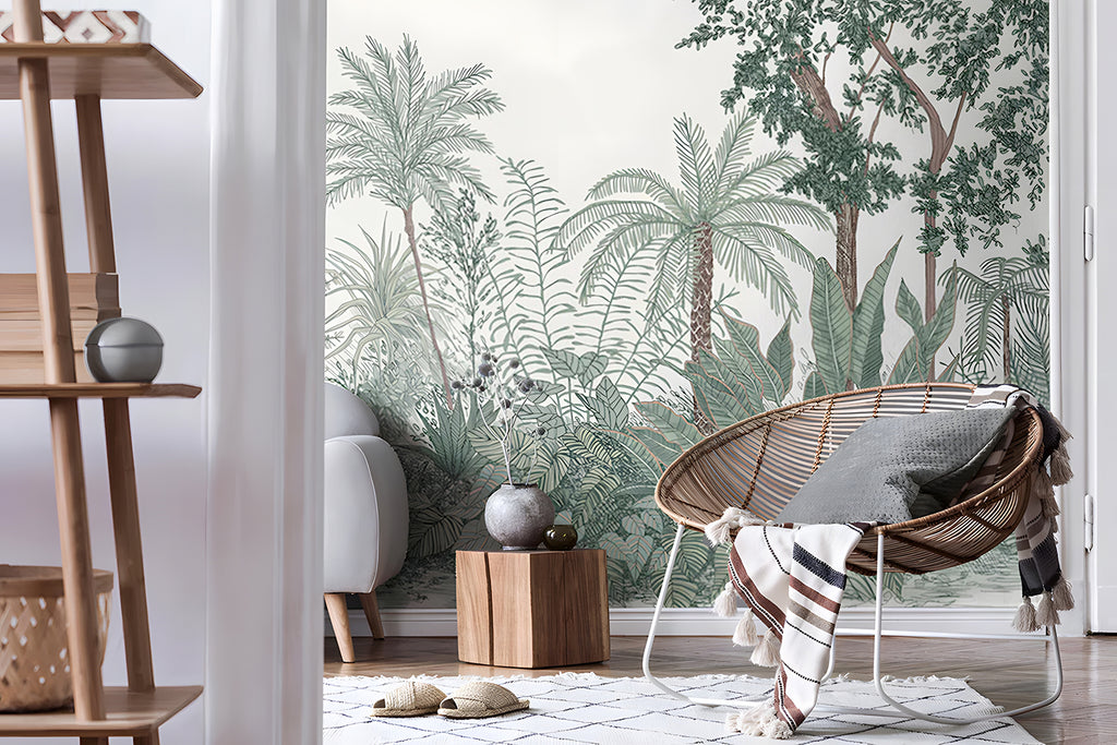 Ara's Jungle, Tropical Mural Wallpaper in Forest Green  featured on a wall of a room as seen with a modern rattan chair and wooden side storage with ceramics on top. 