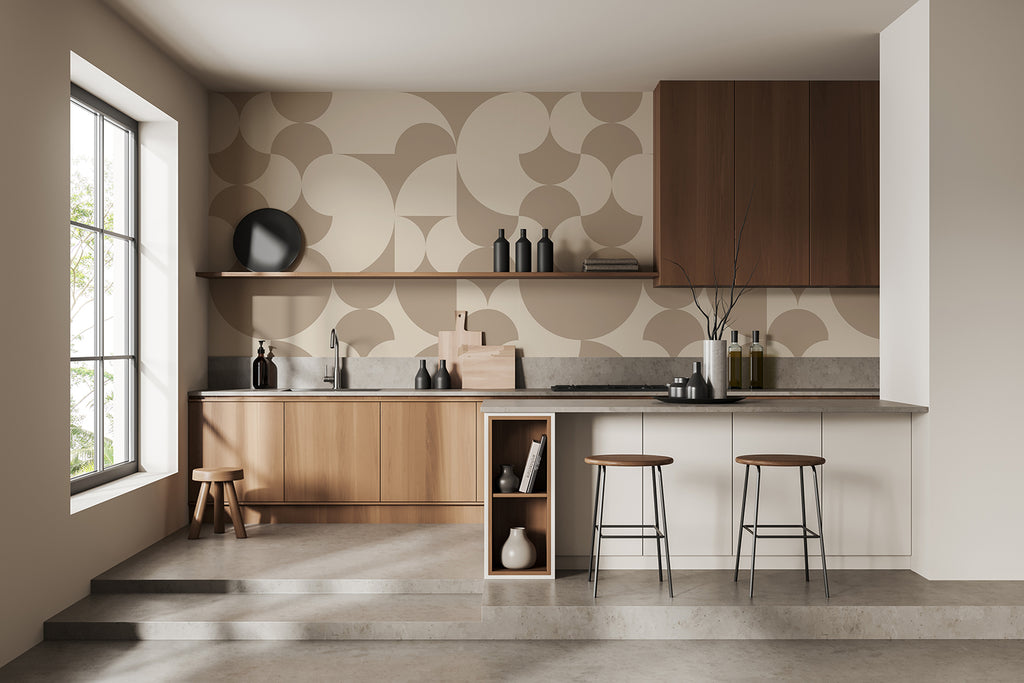 Arcadian Harmony, Geometric Wallpaper in beige colourway featured on a wall of a modern and well-lit kitchen