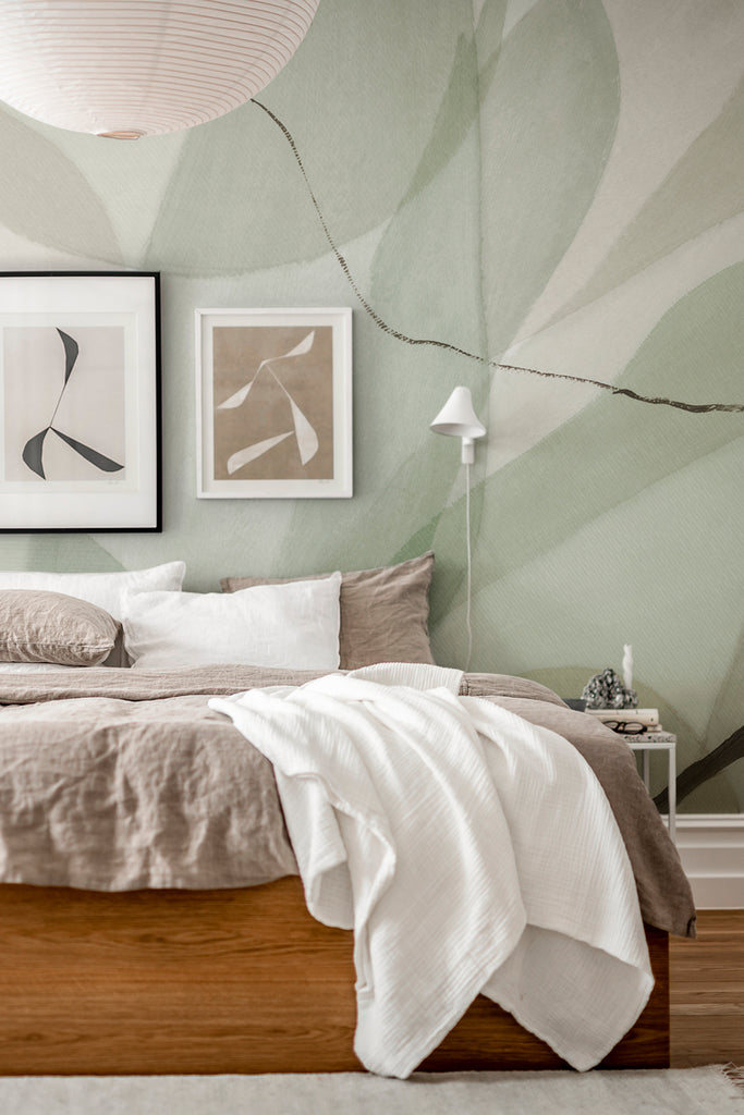 Closed up Asana, Abstract Mural Wallpaper in green featured on the wall of a cozy bedroom