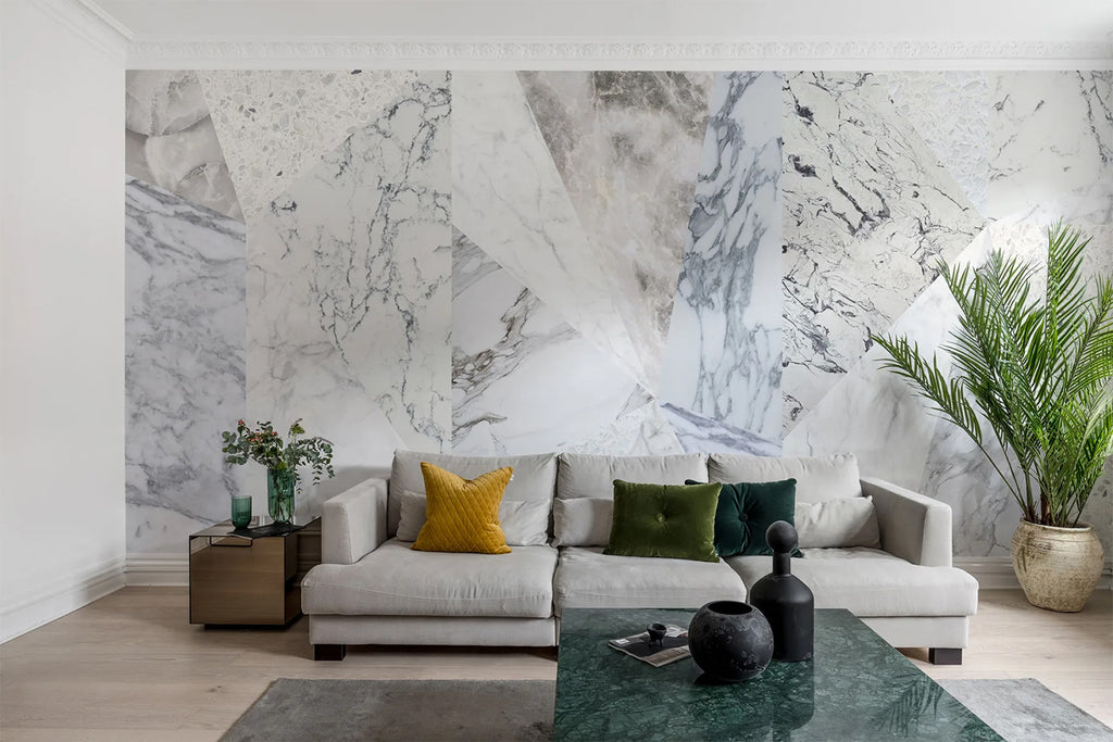 Big Diamond Marble, Geometric Wallpaper featured on a living area with grey sofa and multicolored pillows and jade green table