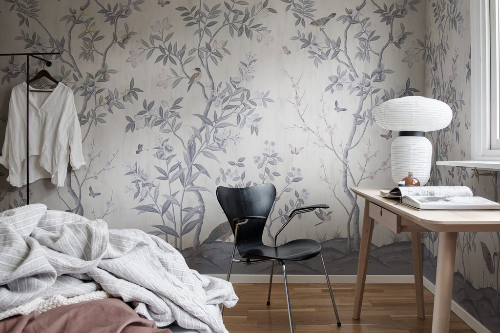 Chinoiserie Forest, Mural Wallpaper in Light Grey featured in a study room with black chair, study table and white lamp
