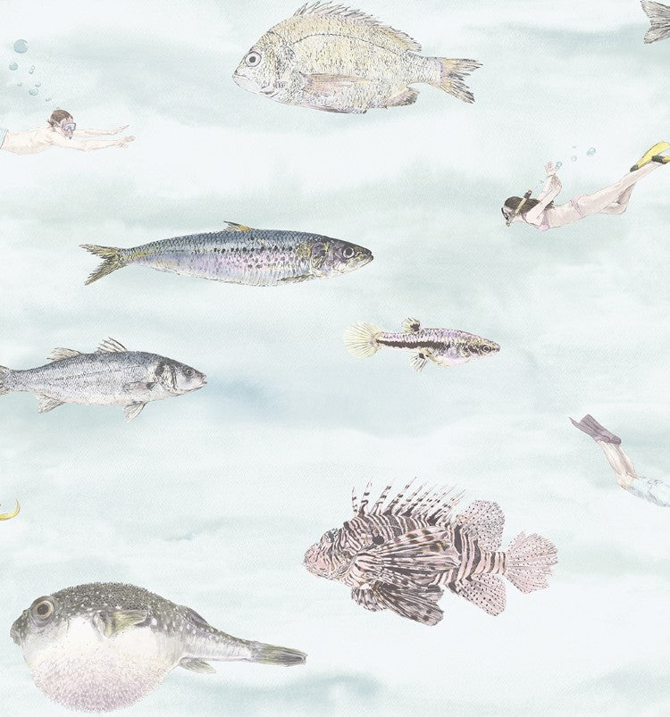 Classic Fish, Pattern Wallpaper in Blue close up 