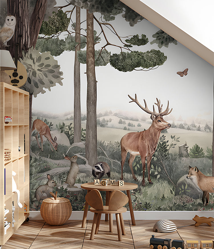 A child’s room adorned with Deer Grove, Animal Mural Wallpaper, complemented by wooden furniture and toys, creating a natural, playful, and educational environment.