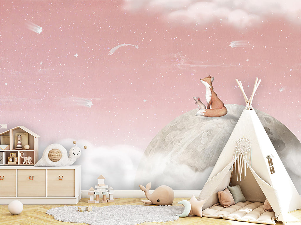A spacious children’s room, filled with modern wooden furniture and playful elements like a teepee and plush toys. The room’s imaginative atmosphere is enhanced by the Fox on the Moon Mural Wallpaper in Pink.