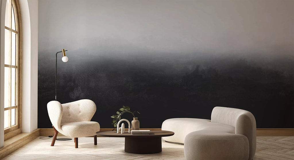 Greg Horizon Ombre, Wallpaper in Stratos Grey featured in a wall of a room modern sofa chairs and dark wood table
