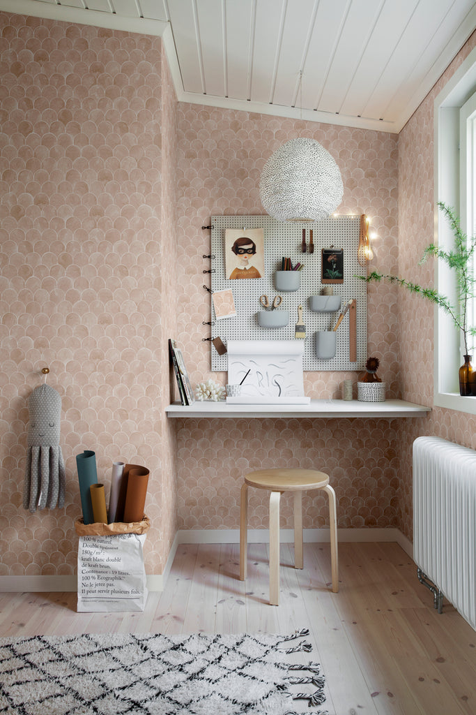 Igor Shells, Pattern Wallpaper in nude featured on a wall of a study room with a wooden stool and wooden flooring