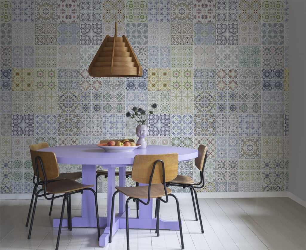 Marrakech Tiles, Pattern Wallpaper in multicolor featured on a wall of a dining area with violet round table and wooden chair