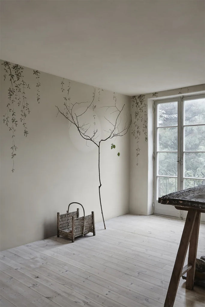 Moon Zen Japanese, Wallpaper in an empty room with a window and a rattan furniture and a leafless tree branch