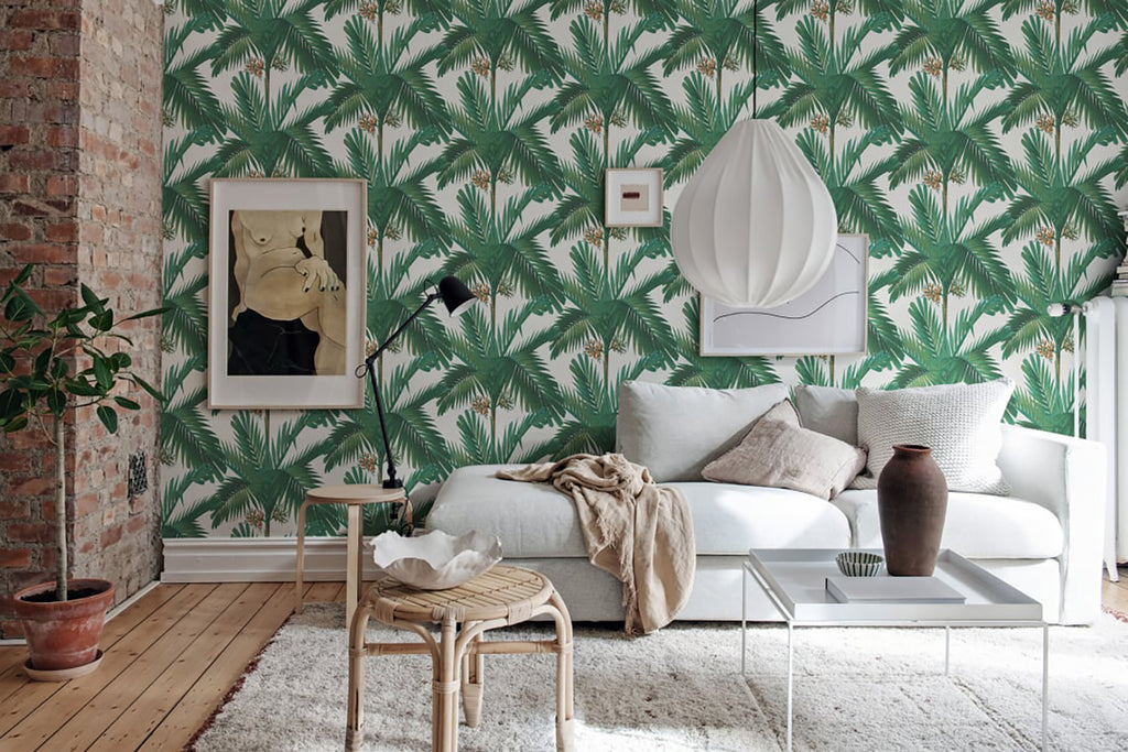 Palm Spring, Tropical Pattern Wallpaper in a living room setting with white sofa set and rattan chair