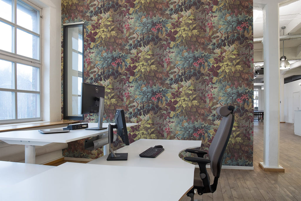 Raspeys, Floral Pattern Wallpaper featured on a wall of an office room with white computer table and black and grey office chairs