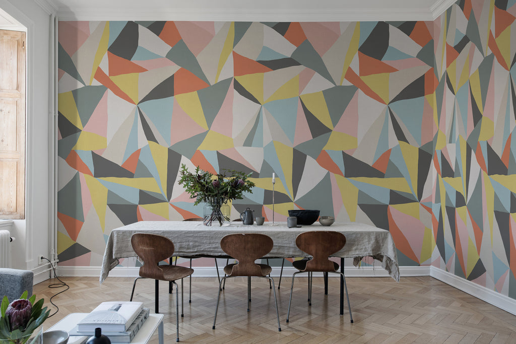 Retro Geometric, Wallpaper featured on a wall of a dining area with a table with dirty white fabric and brown chairs