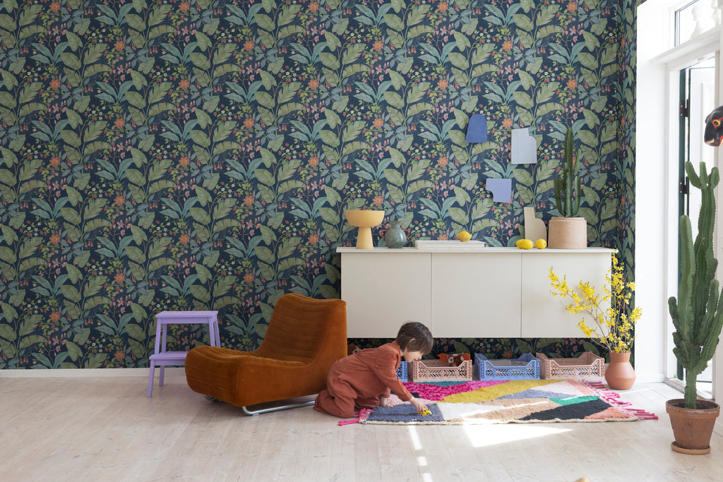 Strawberry Lane, Pattern Wallpaper in Dark Blue as seen in child’s playroom
