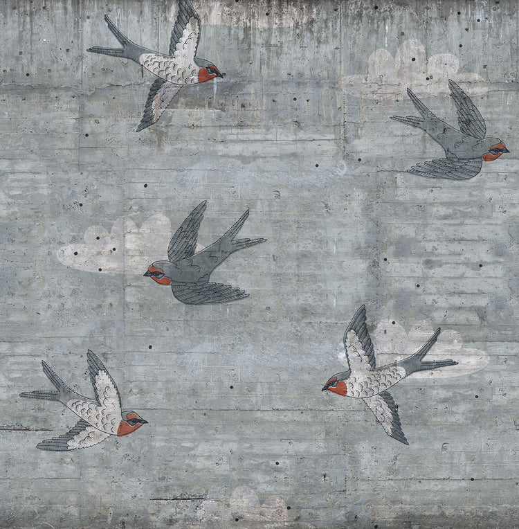 Swallow Flight, Pattern Wallpaper in grey close up