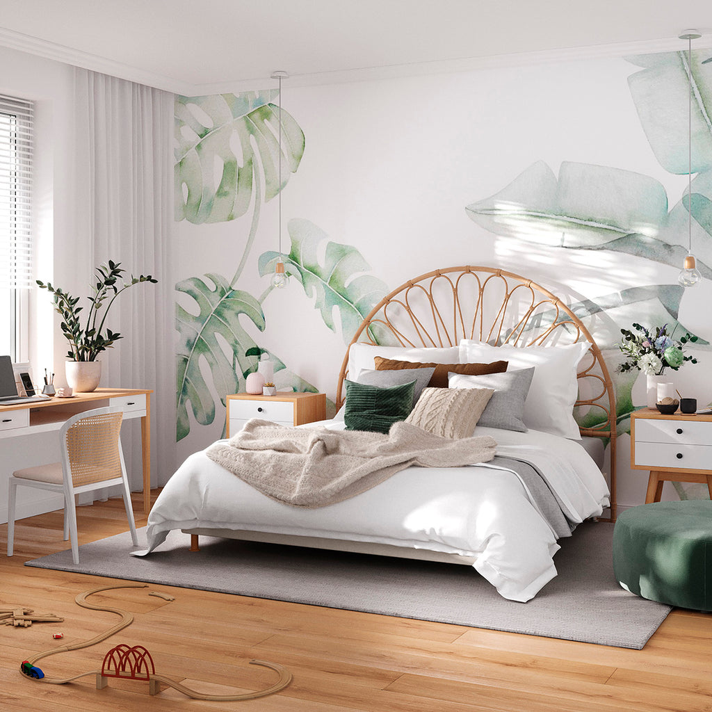 Garden Bloom, Mural Wallpaper in bedroom with rattan headboard and green, grey and terracotta bedsheets
