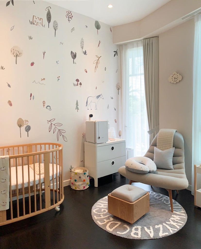 Magical Farmland, Pattern Wallpaper featured on a wall of a nursery room. 