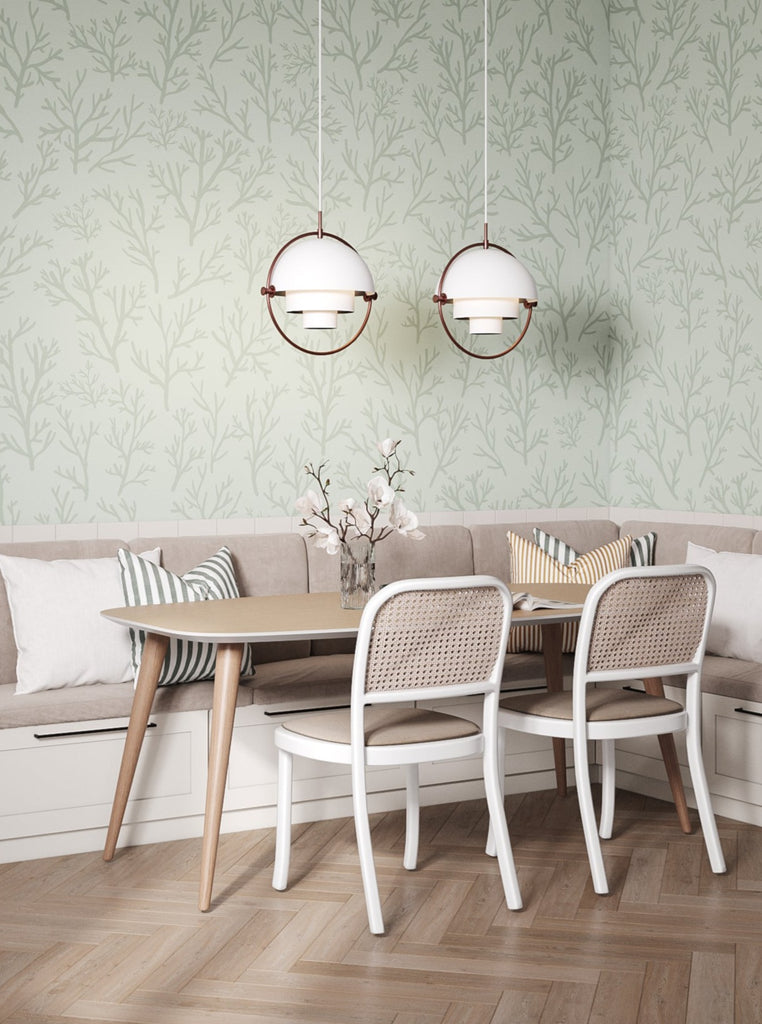 Saltwater Foliage, Tropical Pattern Wallpaper in green intalled in a dining area beside a kitchen