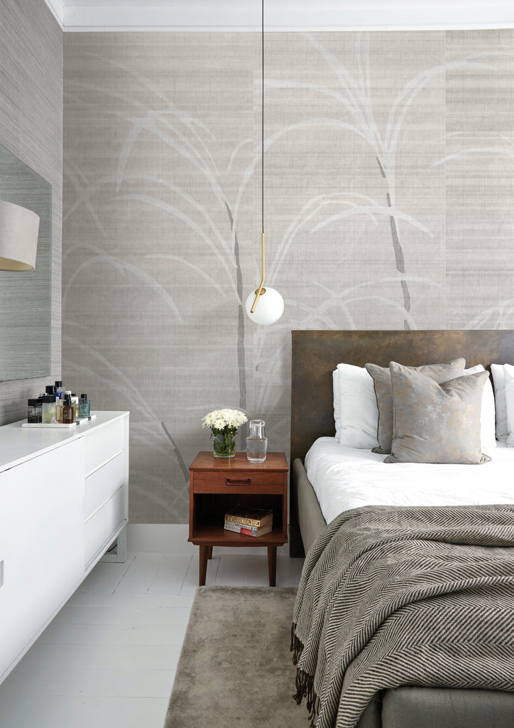 Welie Fern, Mural Wallpaper as seen in a bedroom with white aesthethics and furnishing. 