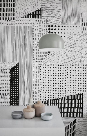 Dots and Lines, Black & White Pattern Mural Wallpaper in dining room in dining area