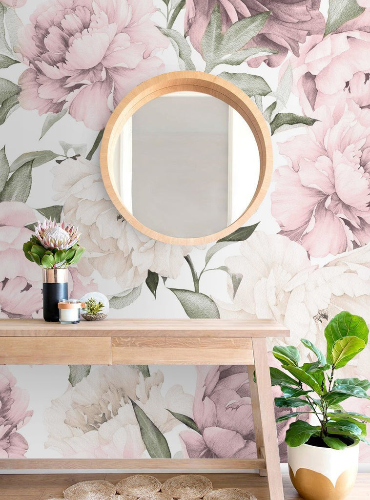Peonies Garden, Floral Pattern Wallpaper in Crimson featured in a wall of a vanity area. 
