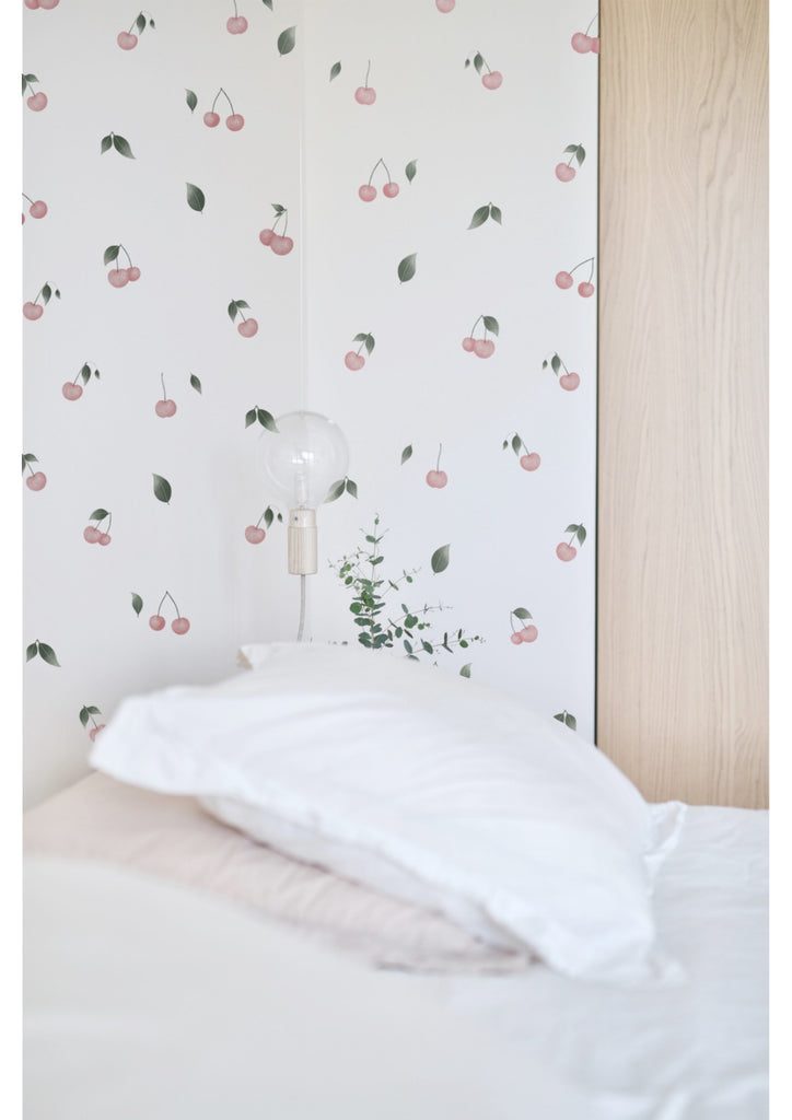 Watercolour Cherries, Wall Decals as seen in a stark bedroom.