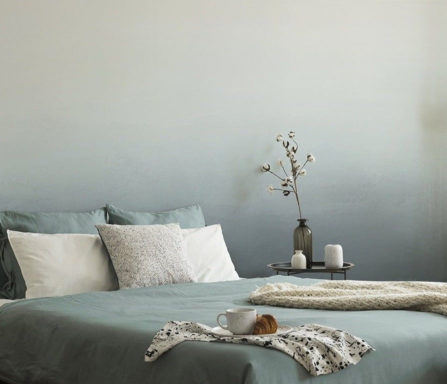 Horizon, Ombre Mural Wallpaper, applied in a bedroom with each of its 4 colorways.