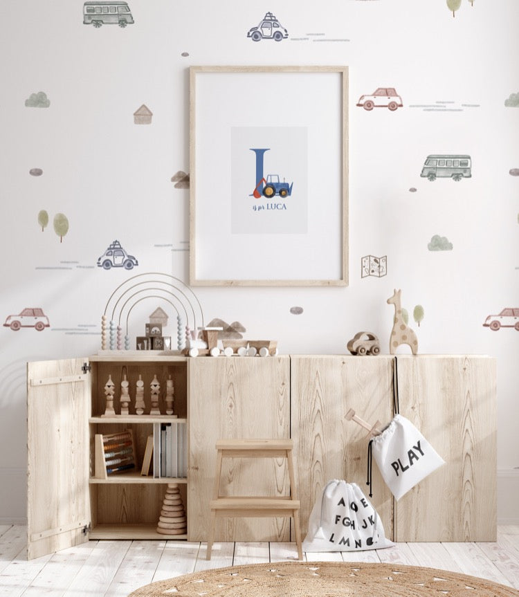 Mini Roadtrippers, Pattern Wallpaper in white, seen in a kid's wallpaper with wood furnishing and wood toys. 