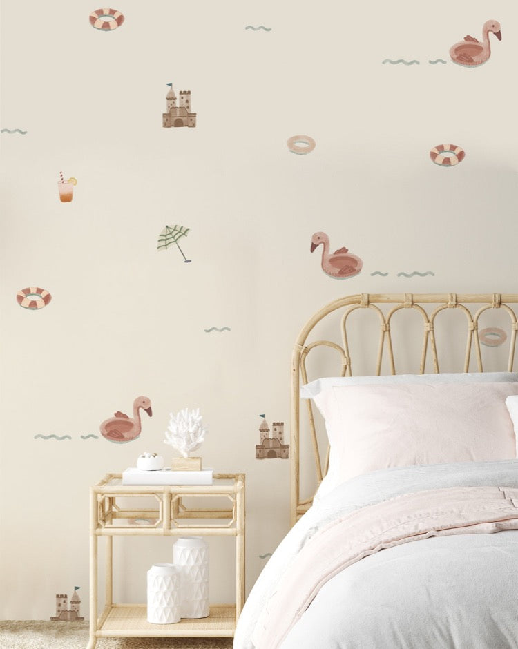 Mini Beach Day Wallpaper in a bedroom, with rattan bedframes and side table.