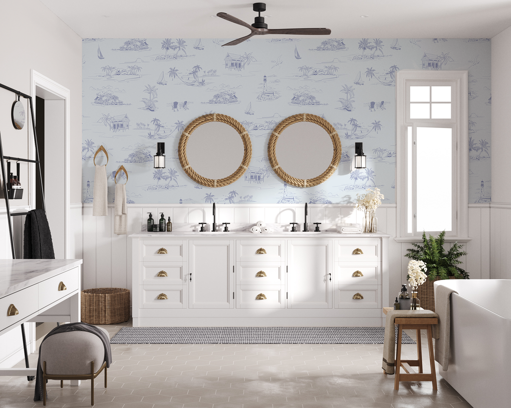 coastal shoreline pattern wallpaper in bathroom with white and rattan furnishing