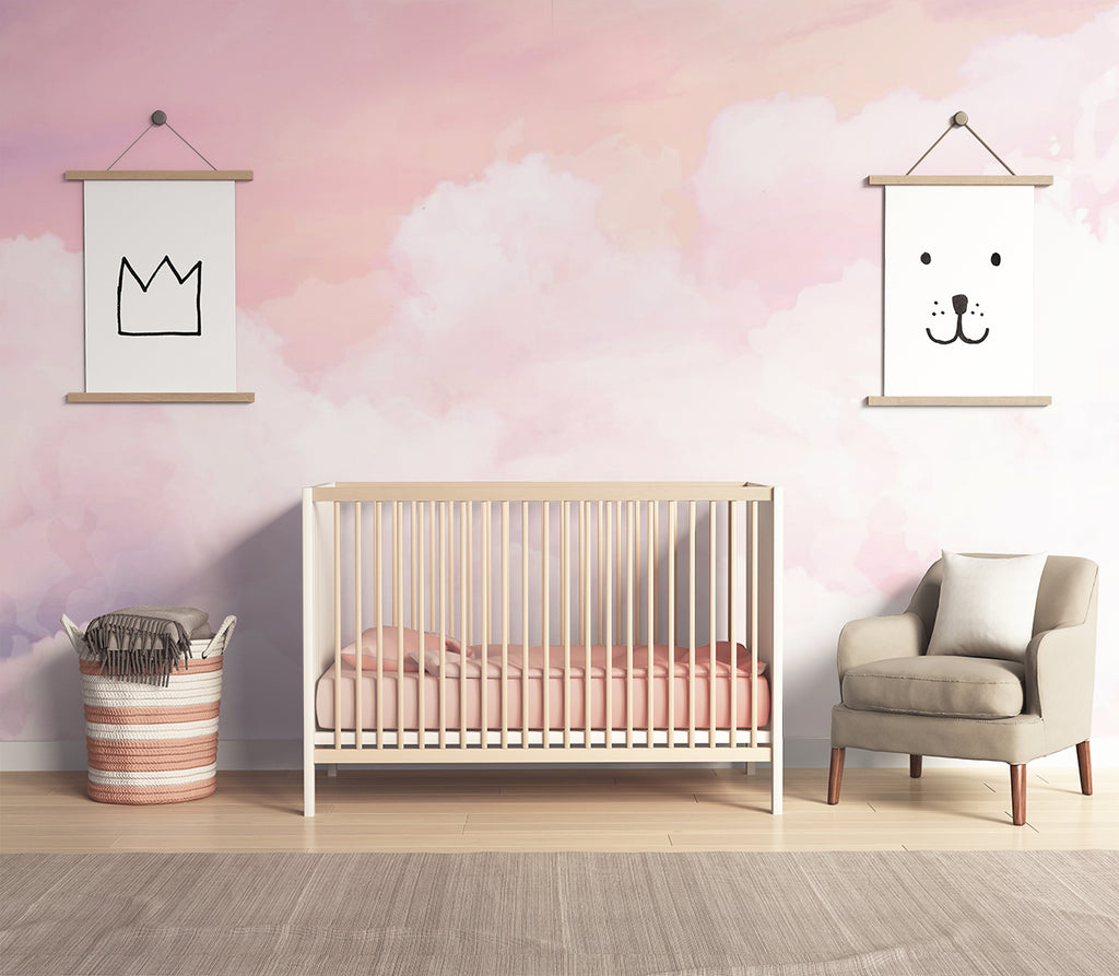 Pink Clouds, Mural Wallpaper in nursery with wooden furniture