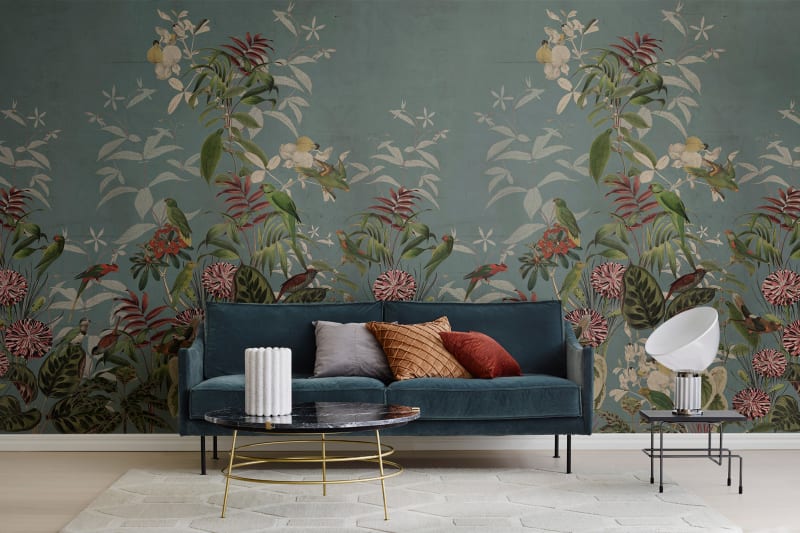 Mystical Garden, Tropical Mural Wallpaper in blue, seen in a living area, that match the aesthetics of the wallpaper. 