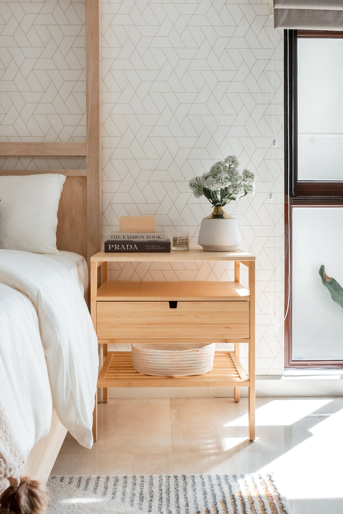 Geometric Hex, Wallpaper design in bedroom with bedside table and vase