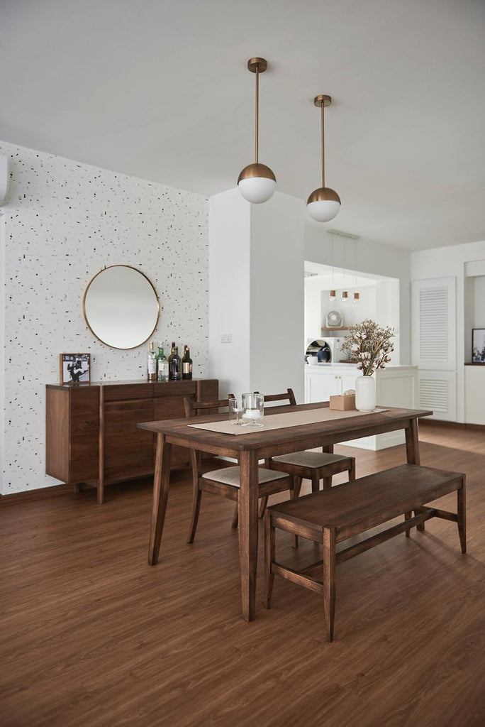 Confetti Party, Pattern Wallpaper in a white and bright dining room with wooden furnishing