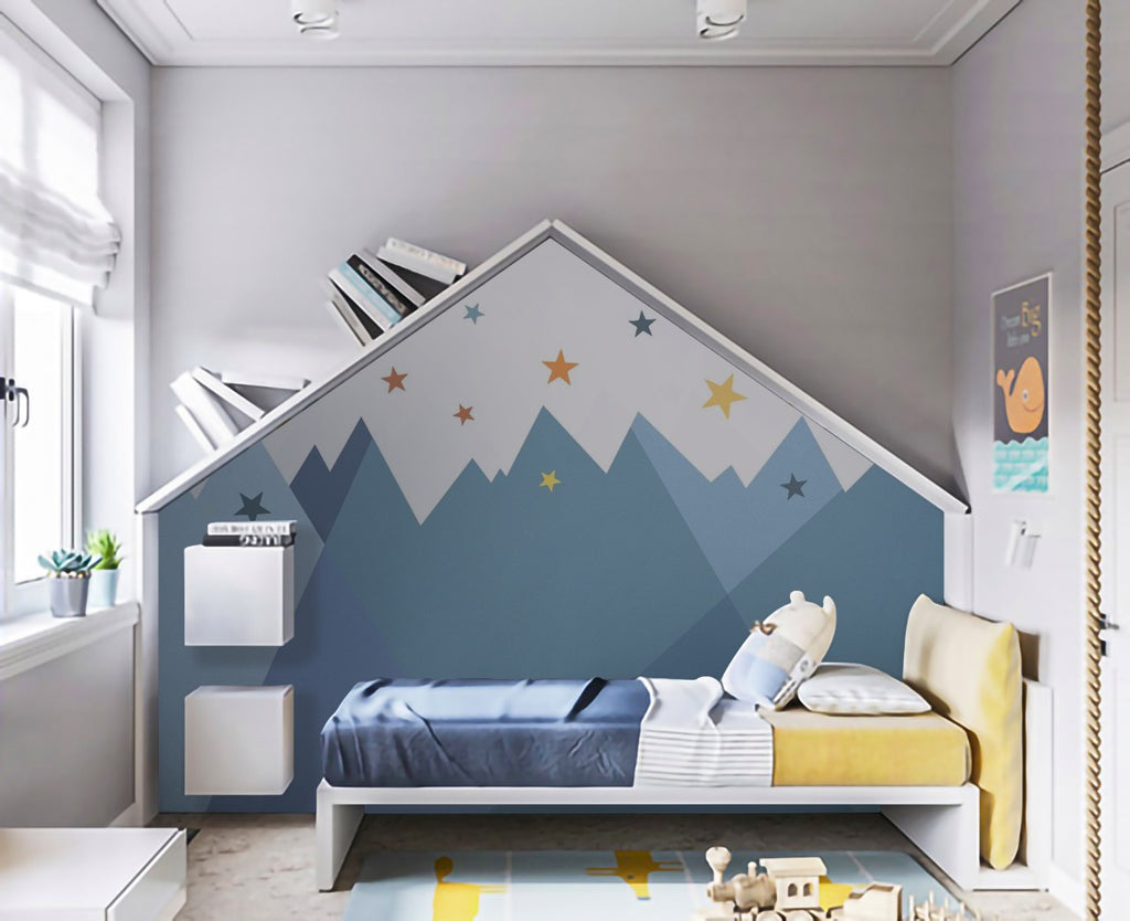 Mountain Ridges and Stars, Mural Wallpaper featured in multicolor colourway, seen in a nursery surrounded by plush and kid's toys. 
