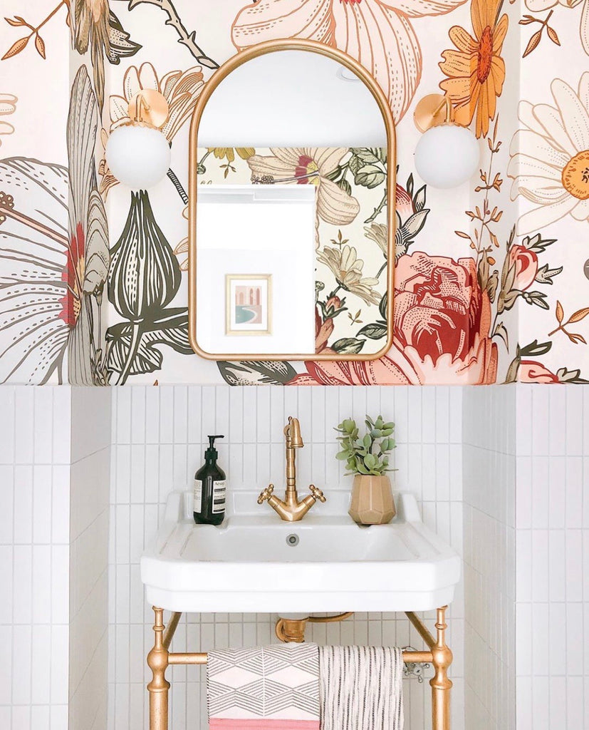 Adora, Vintage Floral Mural Wallpaper in a toilet, behind a wash basin