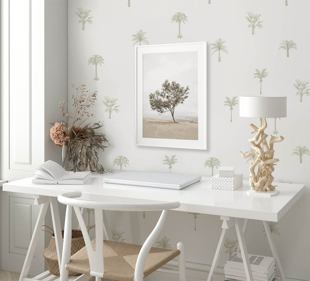 Pamela Palm, Tropical Pattern Wallpaper in green, as seen in a studyroom full of white furnishing.
