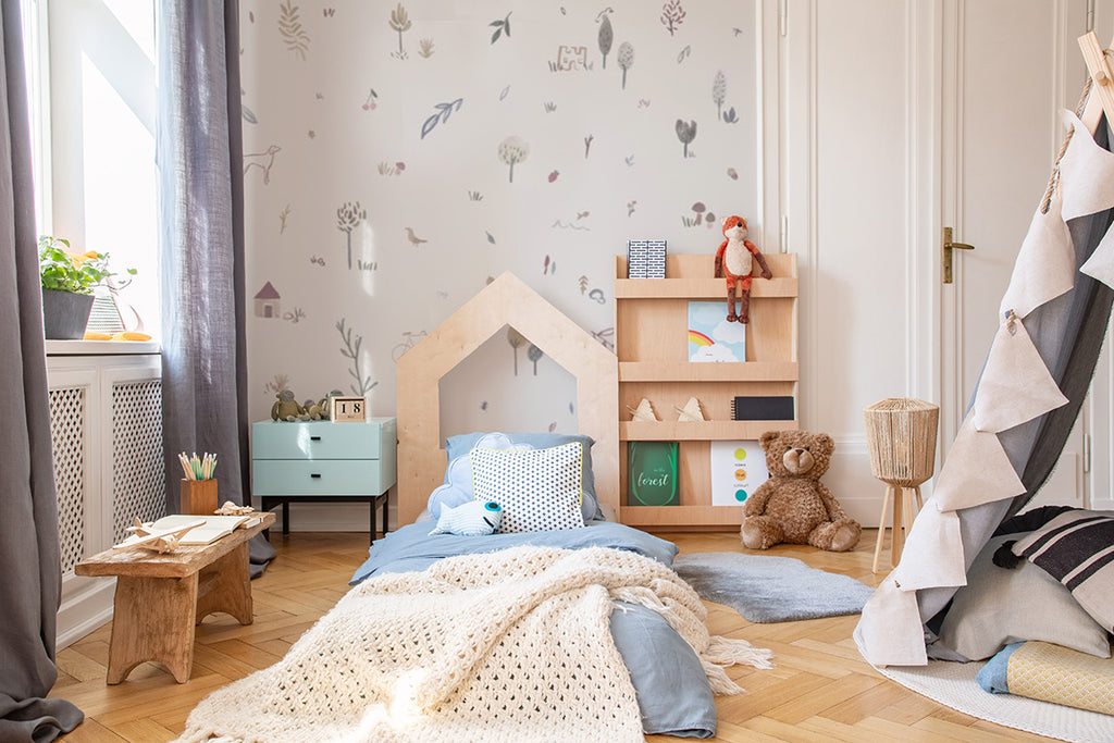 Magical Farmland, Pattern Wallpaper in sand, featured in a naturally-lit kid's bedroom surrounded by plush toys and accesories.  