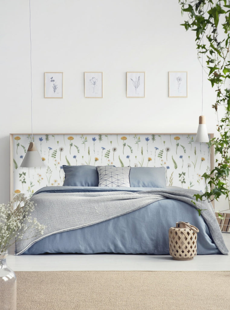 Meagan, Floral Pattern Wallpaper, featured in a bedroom, surrounded by some planters and vines. 