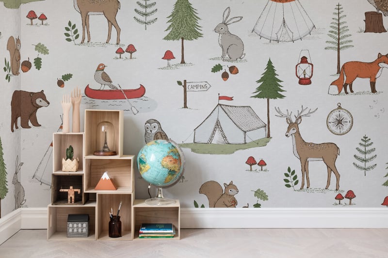 Kids wallpaper with stylish tents, jungle friends and floral