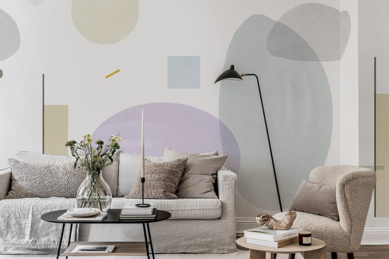 Multi-colour abstract geometric wallpaper in living room