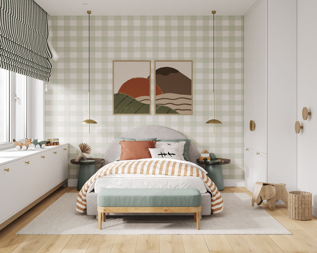 Gingham wallpaper applied onto a bedroom wall with light furnishings