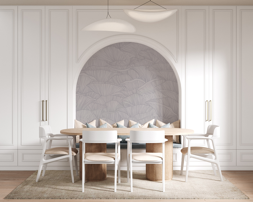 A modern dining room shines under pendant lights. The centerpiece, a large wooden table, is surrounded by six white chairs. The wall features an arched alcove with a purple Saltwater Ripples Pattern Wallpaper. 