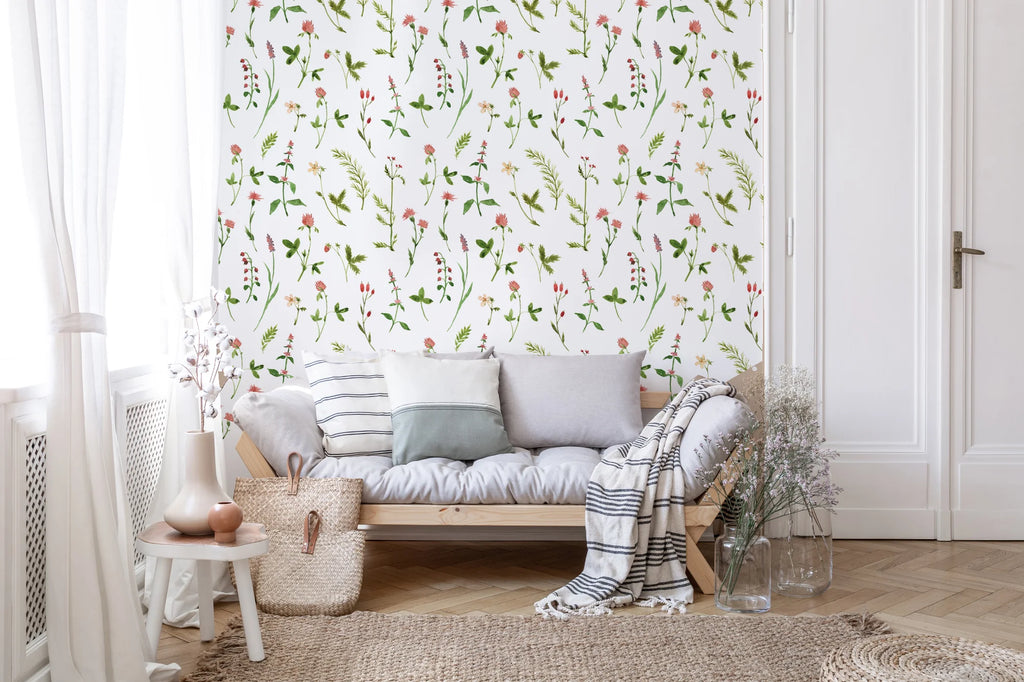 Lila, floral pattern wallpaper in living room with natural wood sofa