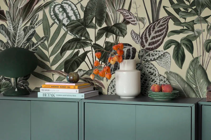 Tropical Botanical Wallpaper in living hall singapore