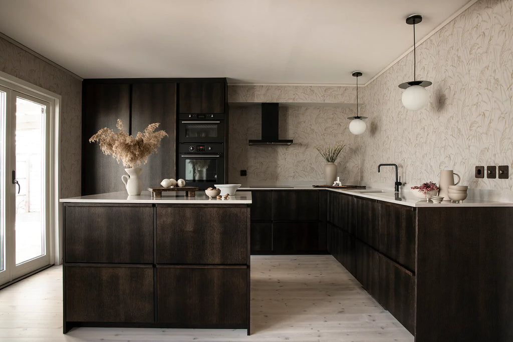 Japandi interior design kitchen will bamboo wallpaper