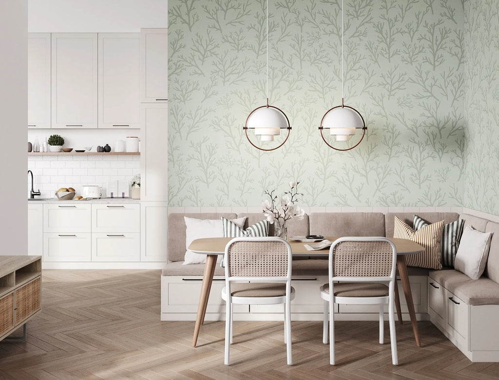 Saltwater Foliage, Pattern Wallpaper in Green in Dining Room